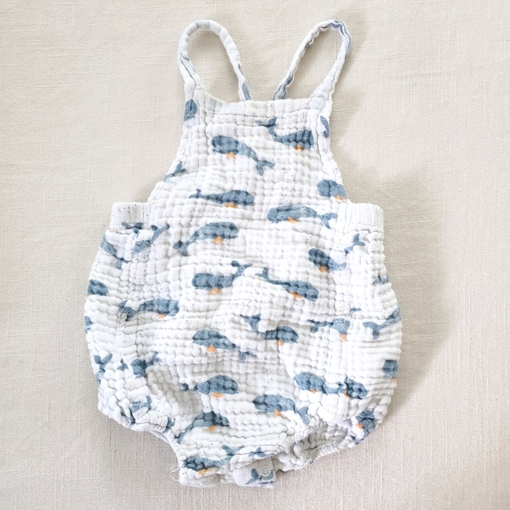 Angel Dear White Baby Romper with Blue Whale Print - Soft Muslin Jumpsuit